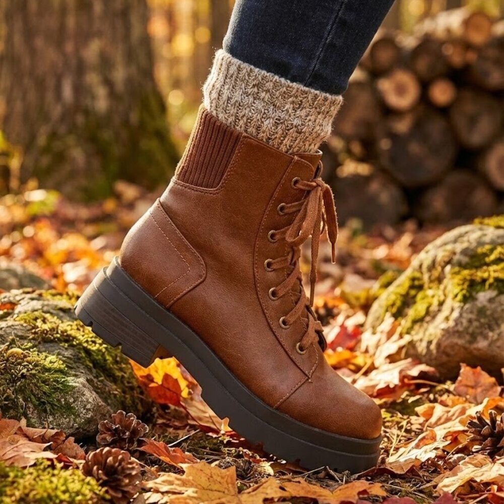 NWT SODA Brown Combat Hiker Boots Knit Cuff Lug Sole Lace Up Ankle Bootie - Picture 6 of 6